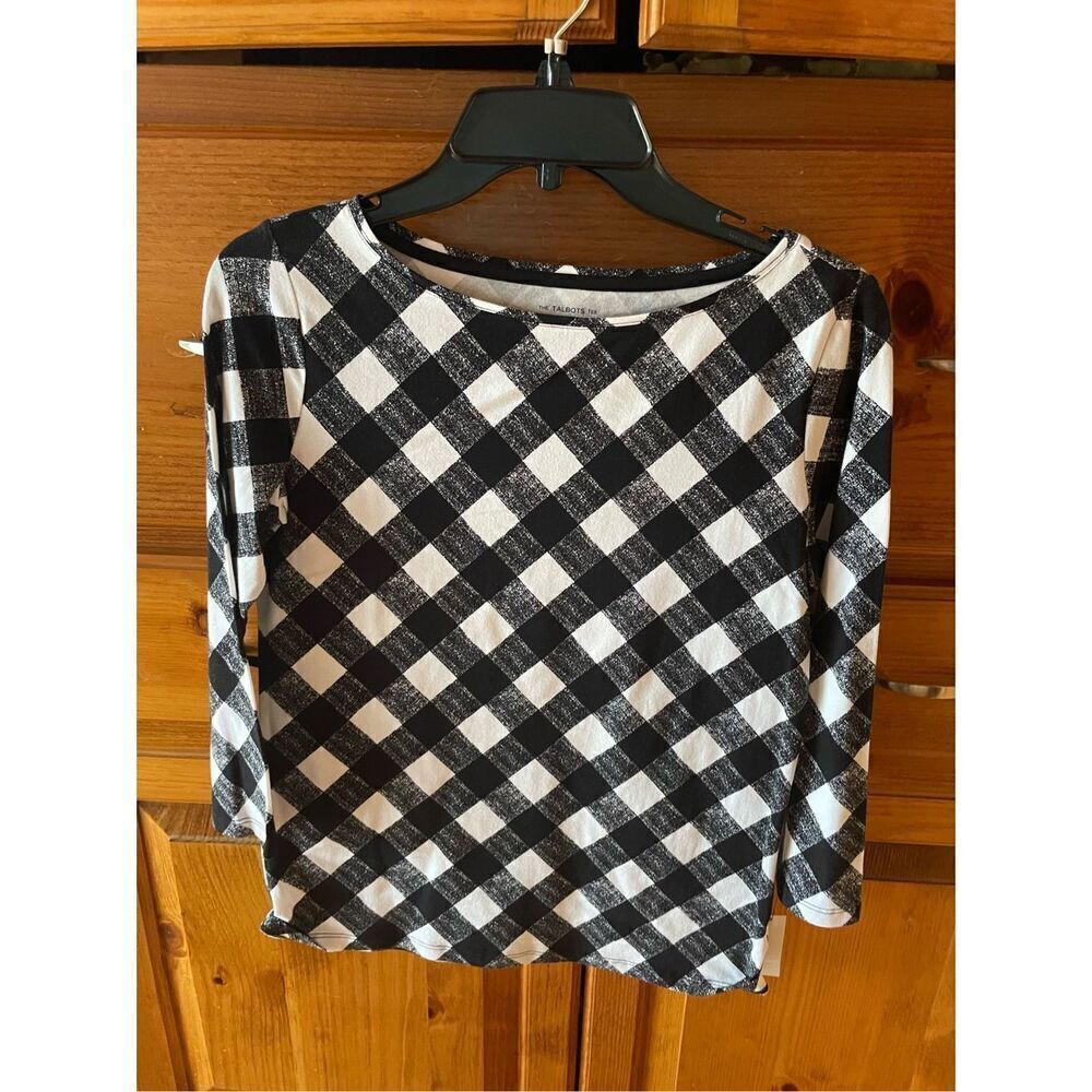 Talbots Women's Tee Black White Buffalo Plaid Size XS